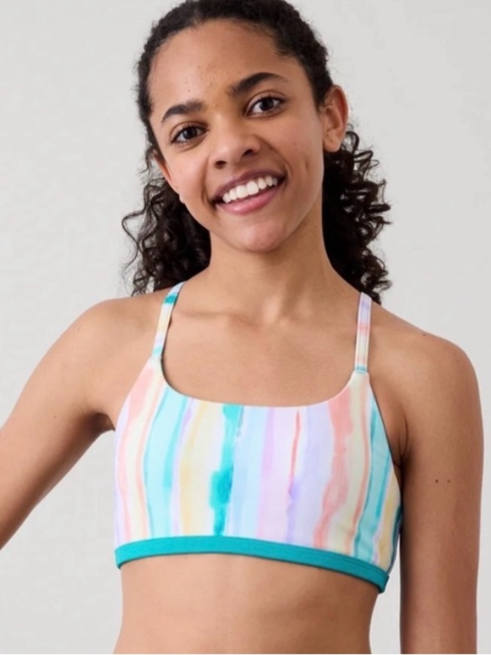 Athleta Girls Reversible Scoop Neck Bikini Top Size L/12 Bliss Stripe/Laguna
